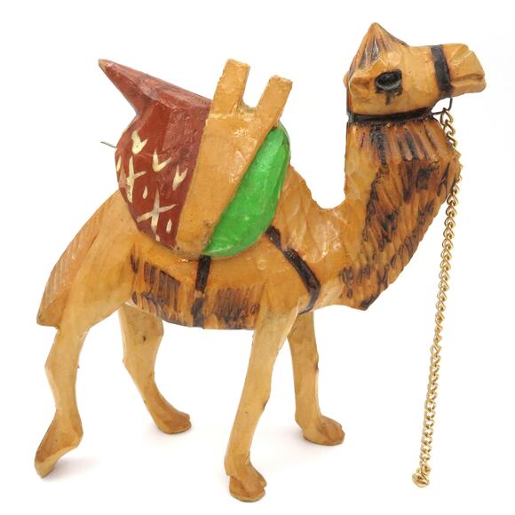 Pair of Hand Carved Wooden Camels 6” Folk Art Painted Figures Vintage Boho Decor - Picture 5 of 11